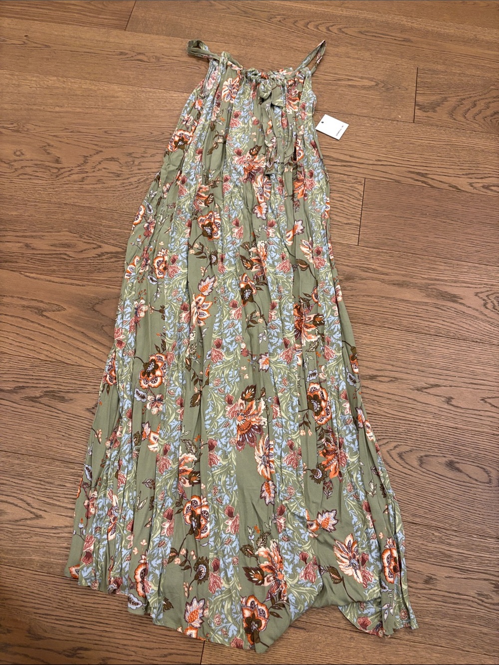 O'Neill Olive Green Floral Maxi Dress with peach and brown Accents